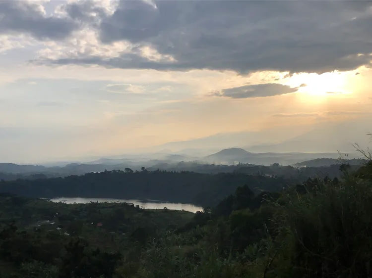 Sunset over crater lake Nyambuga and the hills around Kyakataama, western Uganda